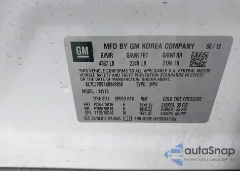 2019 Chevrolet Trax Lt from USA, damaged, VIN KL7CJPSB4KB949959